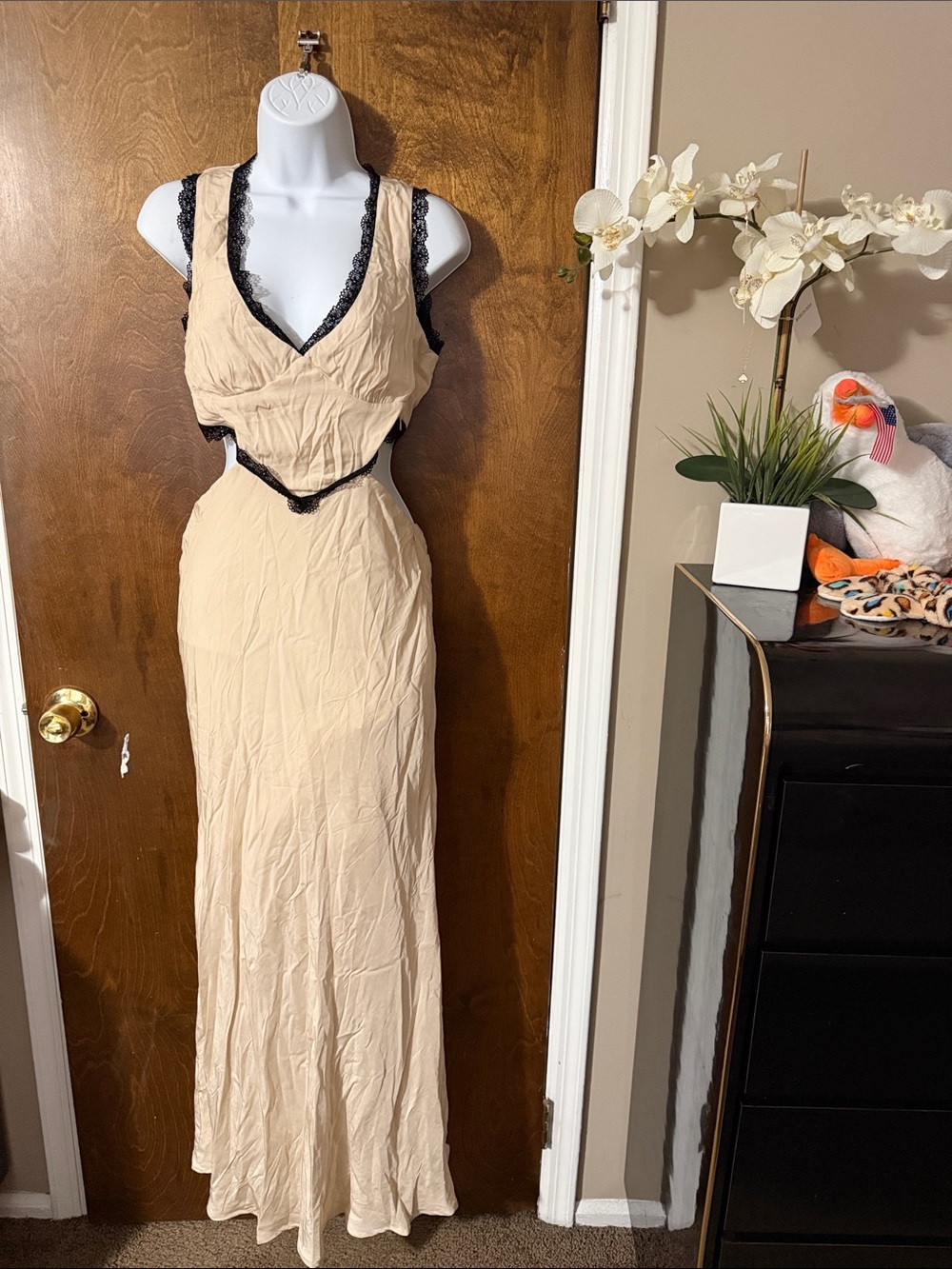 Princess Polly Beige Maxi Dress with Black Lace Trim